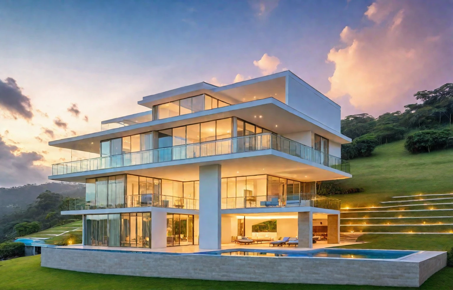 at sunset, It was snowing, modern house exterior, beige and white mixed together, glass doors and windows, large balcony, on the meadow, hillside, with swimming pool in front, spacious tropical scene, masterpiece, high quality, ultra hd,