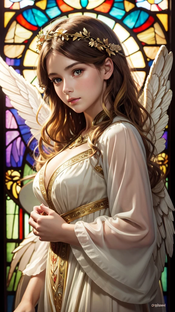 realistic,photorealistic,photo-realistic:1.37,best quality,4k,8k,highres,masterpiece:1.2,ultra-detailed,vibrant colors,stained glass,beautiful vintage angel woman,frontal face,front face,front view,gold hair,determined expression,(large open angel wings:1.1),Alphonse Mucha style,intricate floral background,warm tones,soft lighting,1girl