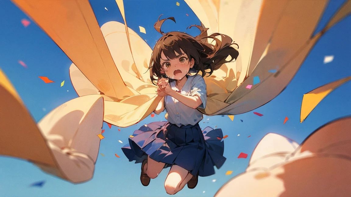 ((Highest quality)), ((masterpiece)), ((Very detailed)),Floatingする女の子,Angry expression，floating，Floating，Confetti，Brown Hair,tears,Levitating,Blue sky background,Feet in the air,tears,gravity,Long skirt,loafers,Raise both hands