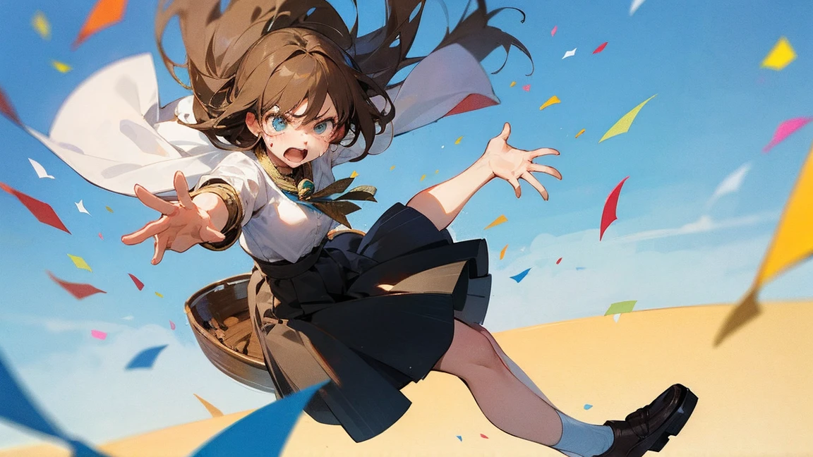 ((Highest quality)), ((masterpiece)), ((Very detailed)),Floatingする女の子,Angry expression,floating,Floating,Confetti,Brown Hair,tears,Levitating,Blue sky background,Feet in the air,tears,gravity,Long skirt,loafers,Raise both hands