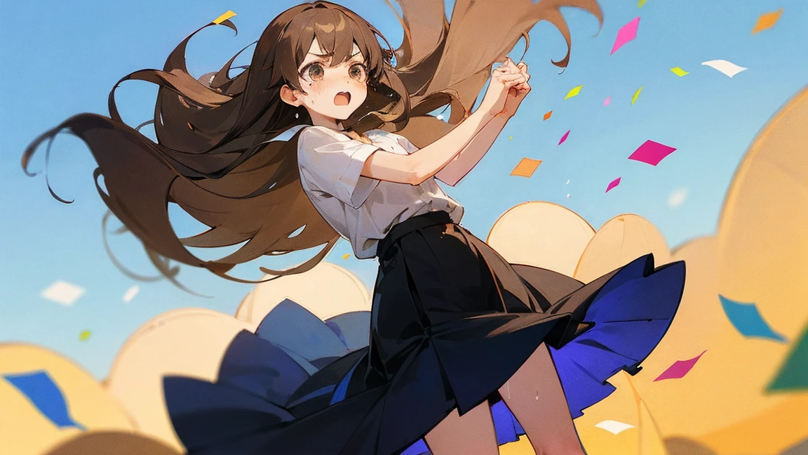 ((Highest quality)), ((masterpiece)), ((Very detailed)),Floatingする女の子,Angry expression,floating,Floating,Confetti,Brown Hair,tears,Levitating,Blue sky background,Feet in the air,tears,gravity,Long skirt,loafers,Raise both hands