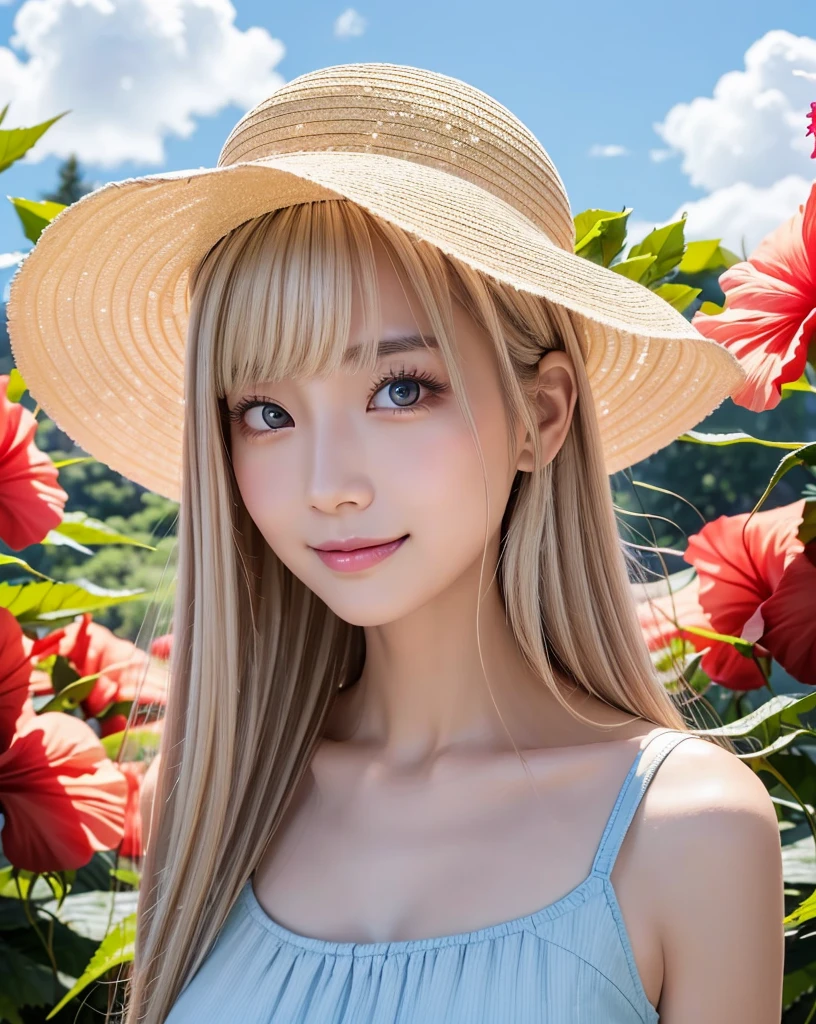 (Highest quality, 32k, High resolution, Masterpiece:1.5, ), marimo_jet, god々A photograph with brilliant dazzling and healing power., Evoking a sense of calm and elusive beauty, Expressing emotions, Have a rich imagination,Beautiful Japanese Girls, An exceptionally beautiful face, ((Full body shot:1.2)), Small Face Beauty, Perfect Human Anatomy, Magical big eyes, Motherhood and generosity, Deep Love, ((A fleeting smile:1.1)), ((Shiny ash beige hair:1.4)), Super Long Straight Silk Hair, Asymmetrical bangs, Hair between the eyes, Transparent, soft white skin, Sharp eyebrows, Thin lashes, Natural Makeup, Cheek highlighter, Pale pink detailed lips, ((Light blue inner camisole:1.3)), ((Straw hat:1.2)), High resolutionの完璧な鎖骨, High resolutionの美しい胸元, Slim figure with ample breasts, High resolutionの美しい太もも, ((Detailed blue sky and clouds in summer:1.2)), ((Beautiful Hibiscus:1.3)), Professional Lighting, Professional photographer, Professional models, god秘的