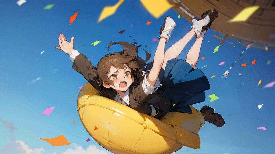 ((Highest quality)), ((masterpiece)), ((Very detailed)),Floatingする女の子,Angry expression，floating，Floating，Confetti，Brown Hair,tears,Levitating,Blue sky background,Feet in the air,tears,gravity,Long skirt,loafers,Raise both hands
