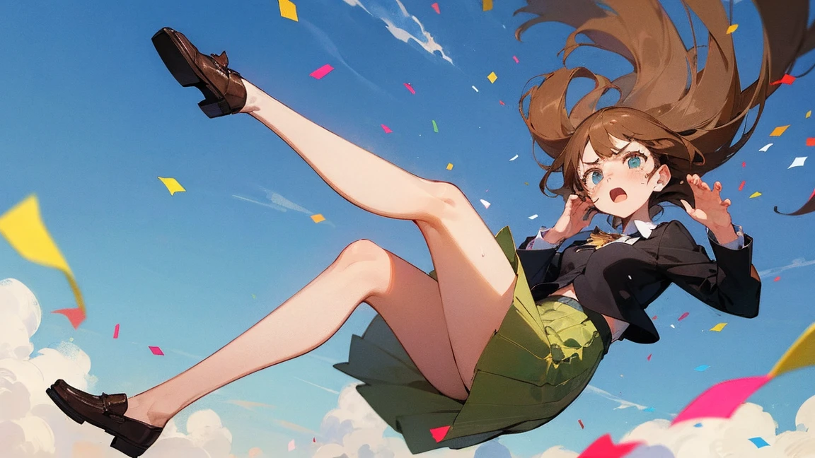 ((Highest quality)), ((masterpiece)), ((Very detailed)),Floatingする女の子,Angry expression，floating，Floating，Confetti，Brown Hair,tears,Levitating,Blue sky background,Feet in the air,tears,gravity,Long skirt,loafers,Raise both hands