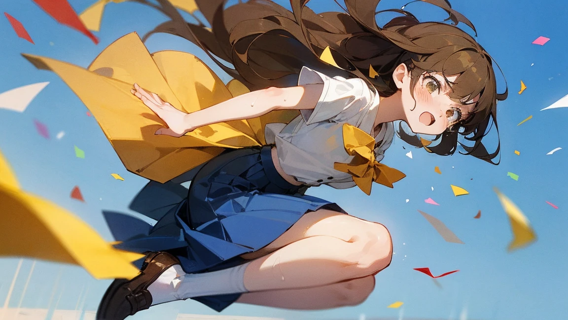 ((Highest quality)), ((masterpiece)), ((Very detailed)),Floatingする女の子,Angry expression,floating,Floating,Confetti,Brown Hair,tears,Levitating,Blue sky background,Feet in the air,tears,gravity,Long skirt,loafers,Raise both hands