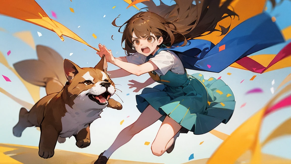 ((Highest quality)), ((masterpiece)), ((Very detailed)),Floatingする女の子,Angry expression,floating,Floating,Confetti,Brown Hair,tears,Levitating,Blue sky background,Feet in the air,tears,gravity,Long skirt,loafers,Raise both hands