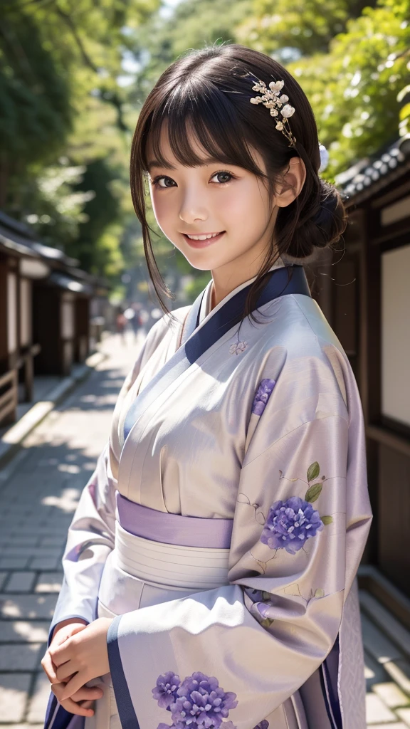 professional lighting,(Photoreal:1.4), (Top image quality:1.0), (超A high resolution:1.0), 8K, Raw photography, (masterpiece:0.2), (Face the children_v1:0.5)、(highest quality Detail:1.2)、realistic、8K  UHD、High resolution、(1 girl:1.2)、Super detailed、High quality textures、intricate details、detailed、Very detailed CG、High quality shadows、detailed Beautiful and delicate face、Beautiful details and delicate eyes、(symmetrical eyes:1.2),Depth of the bounds written、ray tracing,1 girl, A 12-year-old girl with a baby face、japanese girl, (natural smile:1.4),cute, thin, A portrait of a beautiful Japanese woman wearing a hydrangea-patterned kimono standing elegantly on a street corner in Kyoto. Her kimono is decorated with bright blue-purple hydrangeas, her hair is adorned with an elegant and delicate hairpin, and she has a gentle expression. (Against the backdrop of the old streets of Kyoto:1.4)、soft light on a spring afternoon、adds tranquility to the scene. Rendered in a realistic style with great attention to detail, High resolution images.sky porn, magic hour, (realistic:1.3), finely, quality, (table top:1.2), (realistic:1.2), (highest quality), (Complex details), dramatic, ray tracing, photograph, +roller
