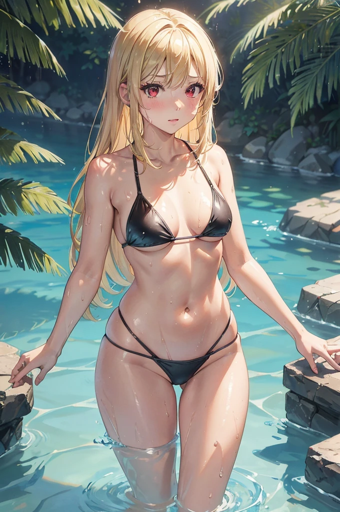 a naked swimsuit clad anime cartoon woman standing in a pool of water, 1girl, swimsuit, solo, bikini, blonde hair, breasts, long hair, navel, black bikini, konjiki no yami, red eyes, wet, stomach, looking at viewer, small breasts, string bikini, hair intakes, bare shoulders, bare arms, water, skindentation