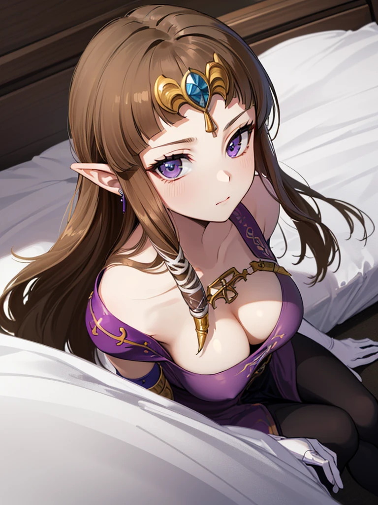 (((sitting sideways))),(((Overhead Shot))),(Expressionless),((((Portrait of a woman alone)))))),((Sitting)),((alone)),((Exposed shoulders)),Anime art style,masterpiece,(Highest quality), (Super detailed),(Very delicate and beautiful),(alone),(detailedな顔と目),Beautiful eyes like jewels,(Very beautiful mature woman),(((Mature Woman,Queen))),((close up of face))),((Long Straight Hair)),,Cleavage,(bed),lengthーgloves,((((side angle)))),((((Adult Expressions)))),((((Beautiful Face)))),((((Black tights)))),((bed)),(((Long Hair)))),((((Straight hair)))),((Cleavage)),((((Dark brown hair)))),Princess Zelda,((chest is slightly exposed)), ((Highest quality)),,(Very detailed) ,((Purple blouse)),((Hair blowing in the wind)),Brown Hair,((Delicate portraits)),, ((Highest quality)), (Very detailed),((detailed)),(((pray))),Nintendo, The Legend of Zelda),,((alone)), ((Highest quality)), (Very detailed), ((((4K quality)))),