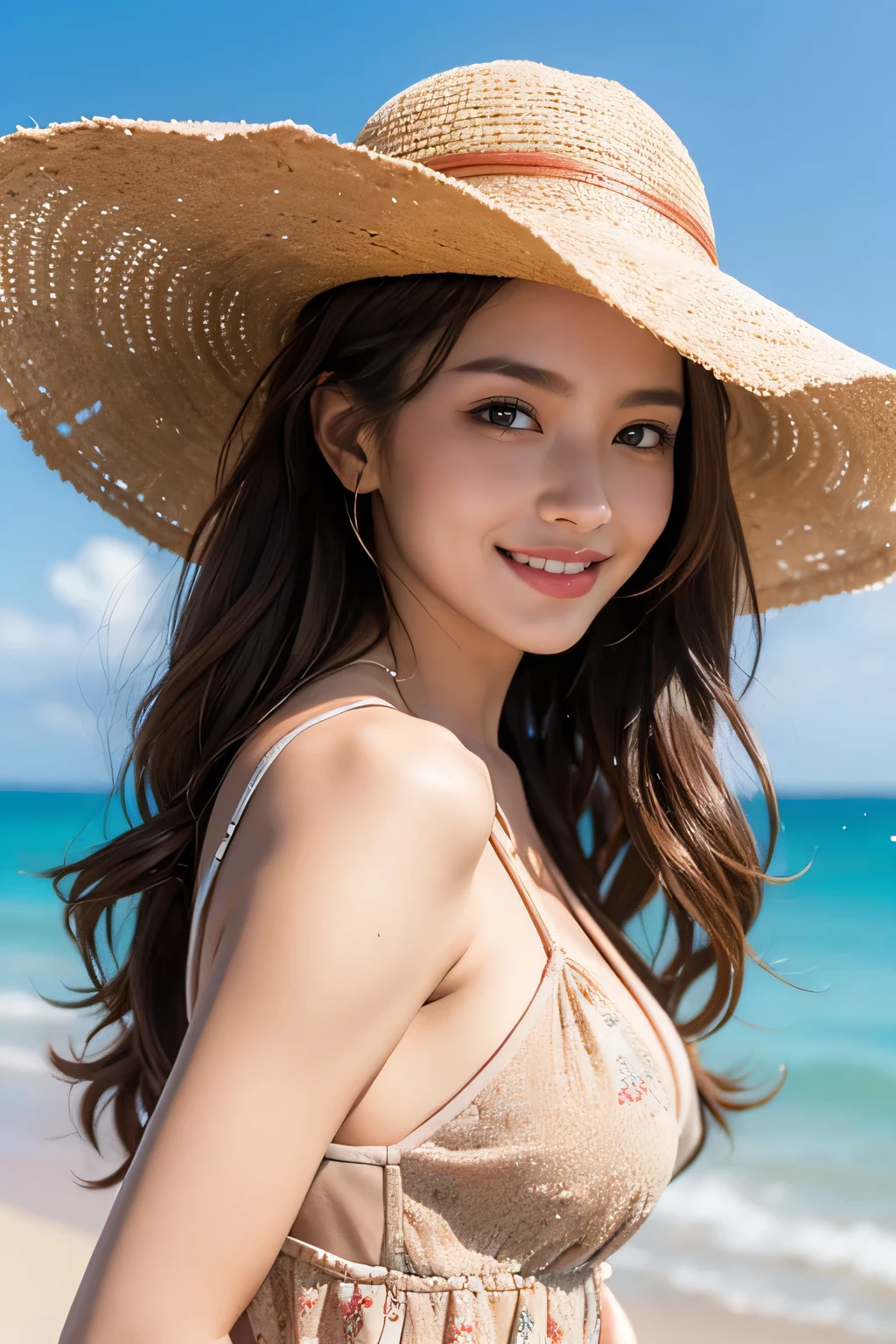 highest quality、4K、Perfect Face、Perfect Style、perfect body、Sunburn、beautiful、mature、long curly layer brown hair、Swept-back hair、sexy 、charming、healthy、hat with brim、smile、one piece、at beach