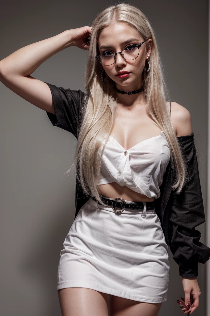 Girl 20 years old, European, long white hair, blue eyes, deep gaze, measurements 120-60-90, ((Best Quality, 8k, Masterpiece: 1.3)), Full Body, Light Focus: 1.2, Outstanding Beauty Style: 1.4, Slim Abs: 1.2, ((Blond Hair, Large: 1.2)), (Night, Outdoor: 1.1), highly detailed skin and face texture, detailed eyes, double eyelids. wearing tight white shirt with black jacket and black short skirt, professional portrait, wearing collar, white hair, necklace, watches, rings, black glasses, long black manicure nails, earrings