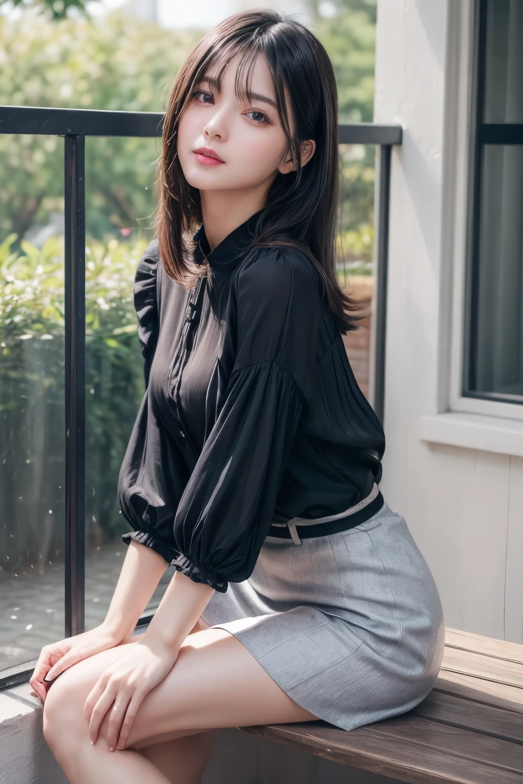 ((Best image quality、8K、masterpiece:1.3))、Realistic high-quality photos、Highest quality、Beautiful and graceful face and eyes、Black Hair、Shiny Hair、 OL、Wearing a short-sleeved blouse、Wear a long skirt、Full Body Shot.