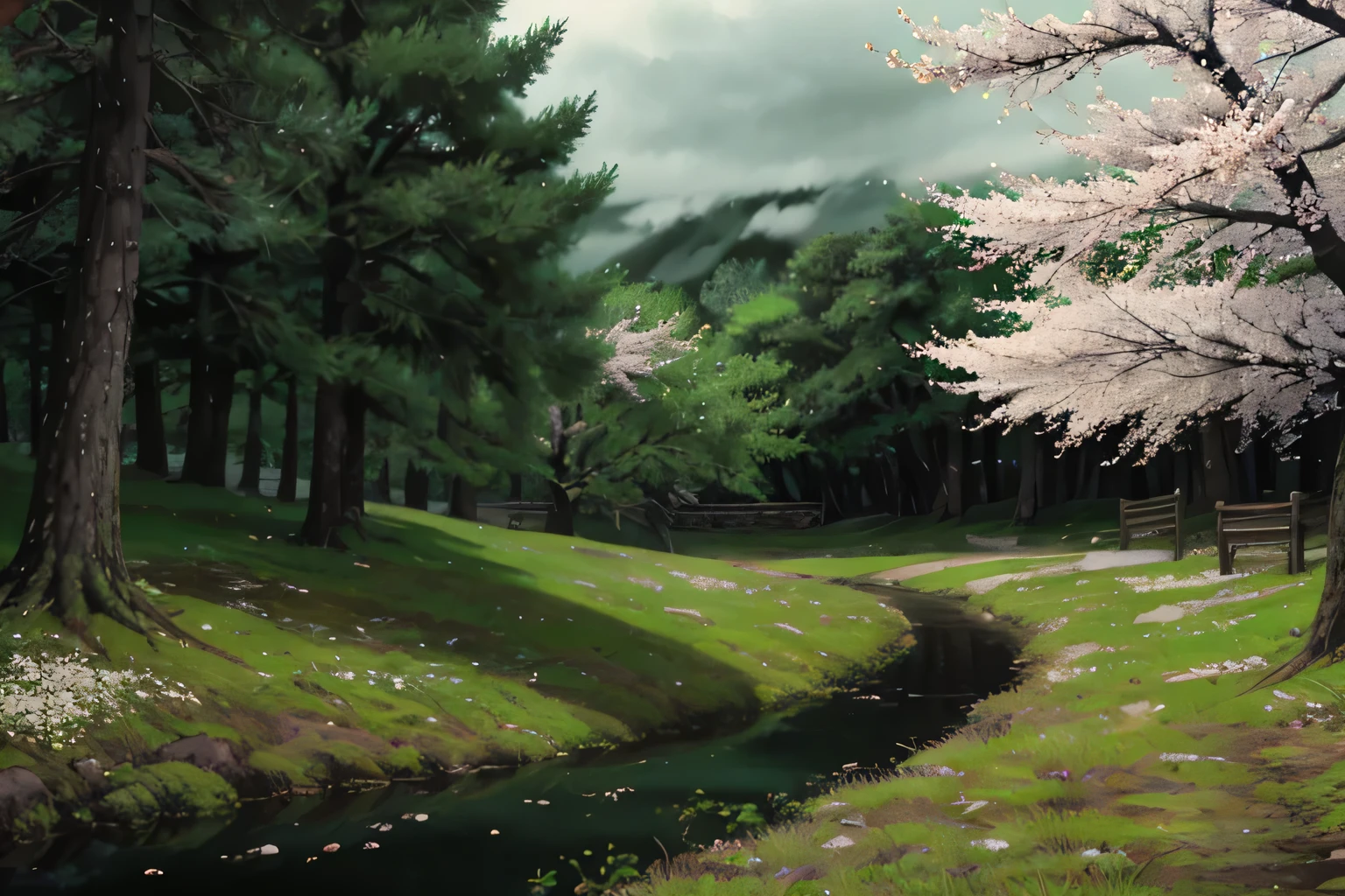 a forest with pines and cherry blossoms, devastating mystical atmosphere, dark clouds in the sky, ravens flying, white bunnies on the ground, dark green moss, creepy atmosphere, unsettling, liminal space