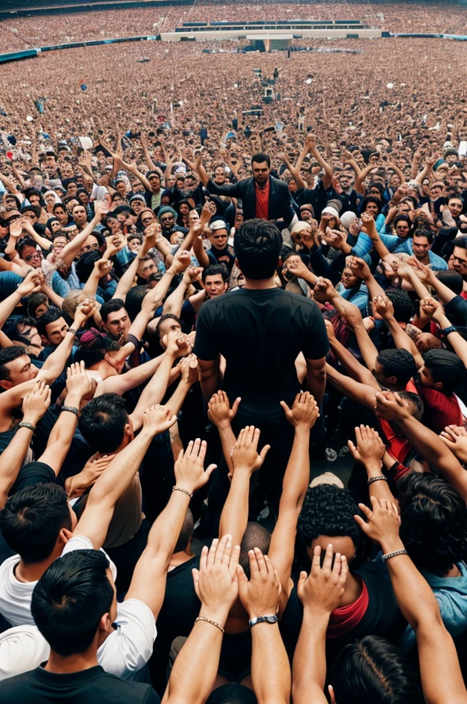 A man in middle huge crowd bowing hands towards him

