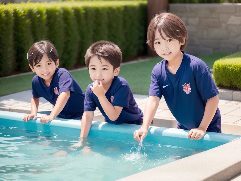 夏休みのprimary school校、Pool、primary school5Grade、Japan Boy、Glowing water splashes、A good boy dripping with water、hot day、Two Boys、Various poses、Short sleeve gym uniform、Blue shorts、physical education、barefoot,(Boy 1.4)、Boys only 、(10Age 1.4)