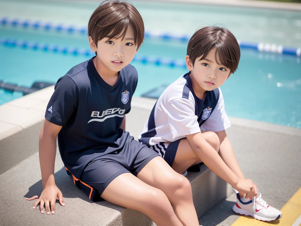 夏休みのprimary school校、Pool、primary school5Grade、Japan Boy、Glowing water splashes、A good boy dripping with water、hot day、Two Boys、Various poses、Short sleeve gym uniform、Blue shorts、physical education、barefoot,(Boy 1.4)、Boys only 、(10Age 1.4)