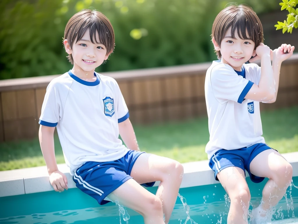 夏休みのprimary school校、Pool、primary school5Grade、Japan Boy、Glowing water splashes、A good boy dripping with water、hot day、Two Boys、Various poses、Short sleeve gym uniform、Blue shorts、physical education、barefoot,(Boy 1.4)、Boys only 、(10Age 1.4)