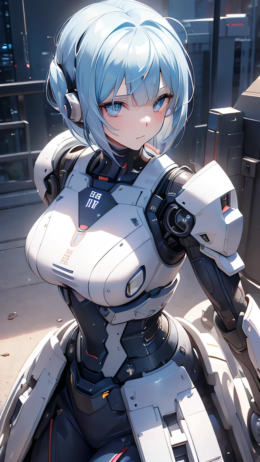 light blue hair, blunt bangs, bob cut, goggles on head, multicolored eyes, makeup, disgust, backlighting, masterpiece, accurate, super detail, award winning, highres, best quality, 8k, Cyberpunk, the world of science fiction movies, A Martian city in the year 2500, an android woman wearing a mechanic suit, background(Starry sky, meteor), Get down on one knee,