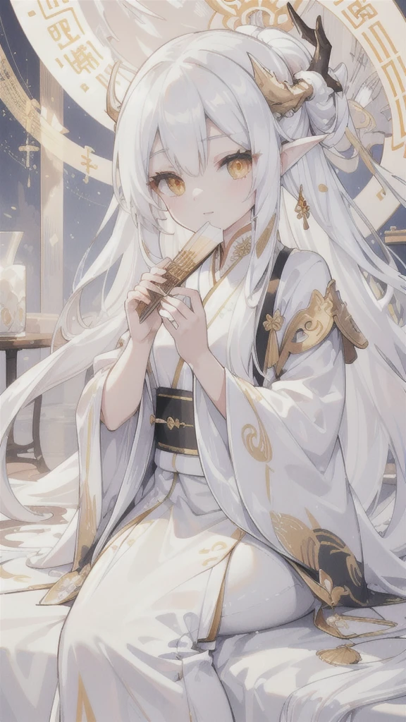 (best quality, highres, ultra-detailed:1.2), beautiful long white hair, stunning golden eyes, silver Hanfu armor, intricately designed white folding fan, white dragon horns, ethereal lighting, soft color palette