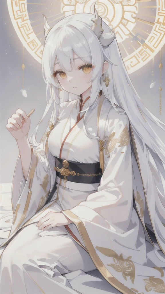 (best quality, highres, ultra-detailed:1.2), beautiful long white hair, stunning golden eyes, silver Hanfu armor, intricately designed white folding fan, white dragon horns, ethereal lighting, soft color palette