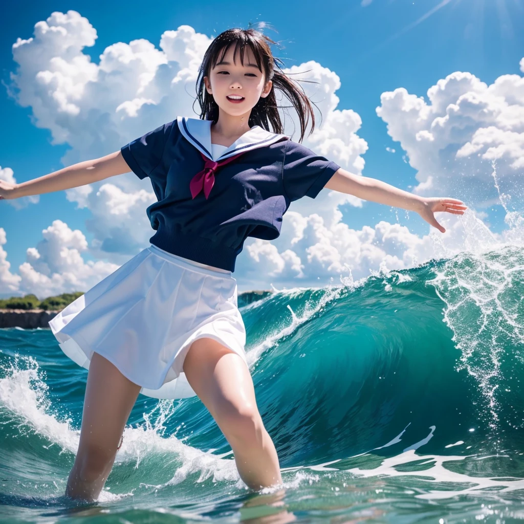 1girl,masterpiece, 12 years old;beautiful girl、8K quality, High definition, realistic pictures, professional writing, There is a woman jumping in the air from underwater to the sky., ((A pose that looks like dancing with the face facing upwards)), face upwards, dance in the air,artistic swimming,  jump towards the viewer, jump towards viewer, she is floating in the air, jump into the air, jump on the audience, jump, jump with arms up, floating in the air, floating on the ground, Jump for joy, jump pose, horizontally jump!!!, wearing a sailor suit, high school girl,((Big wave crashing down)), ((Splashes of water splashing from the body)),  Clear blue sky and white clouds, Sunlight flares