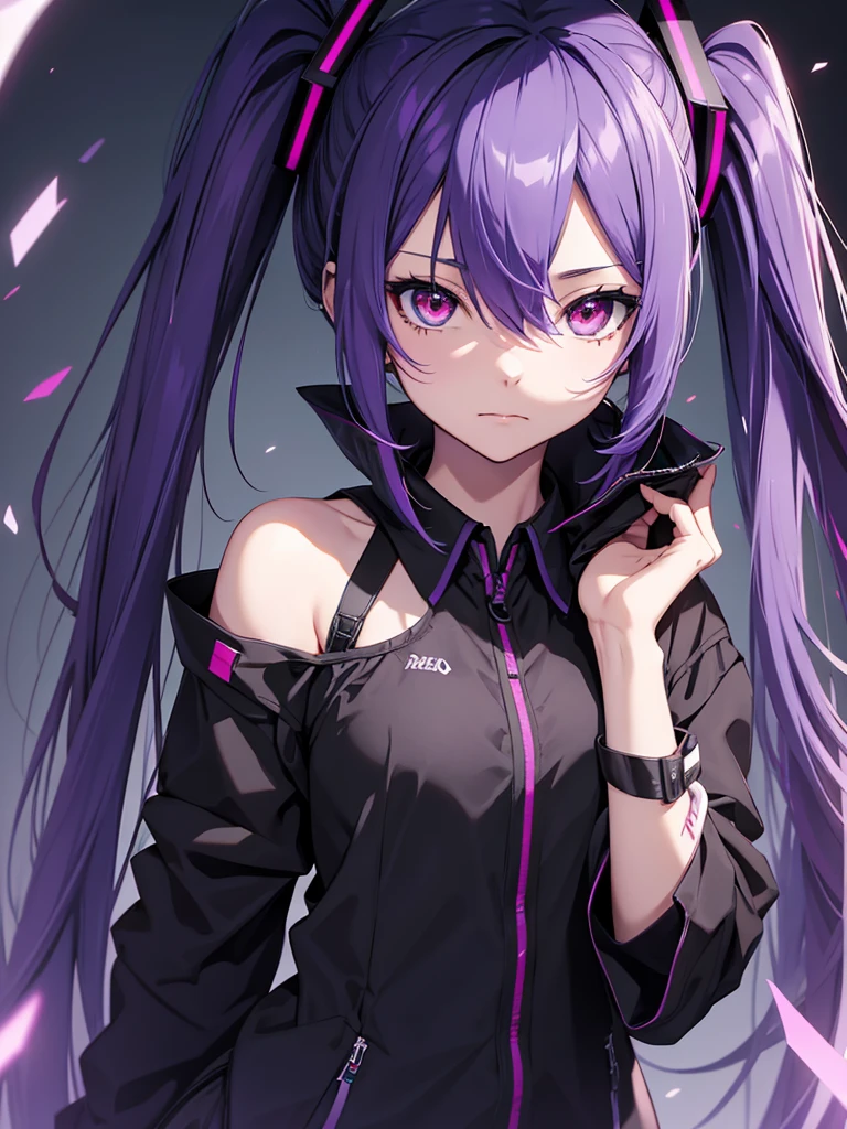 hatsune miku, emo, goth, black and purple hair, red eyes, school wear