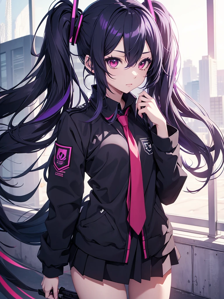 hatsune miku, emo, goth, black and purple hair, red eyes, school wear