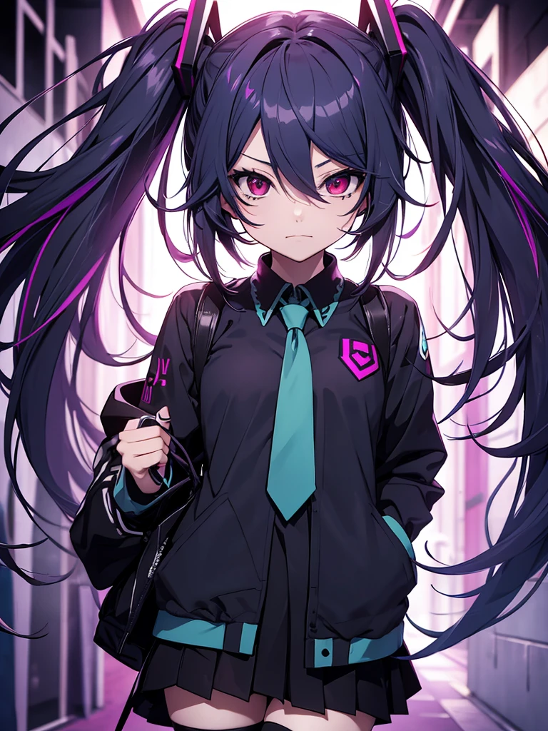 hatsune miku, emo, goth, black and purple hair, red eyes, school wear