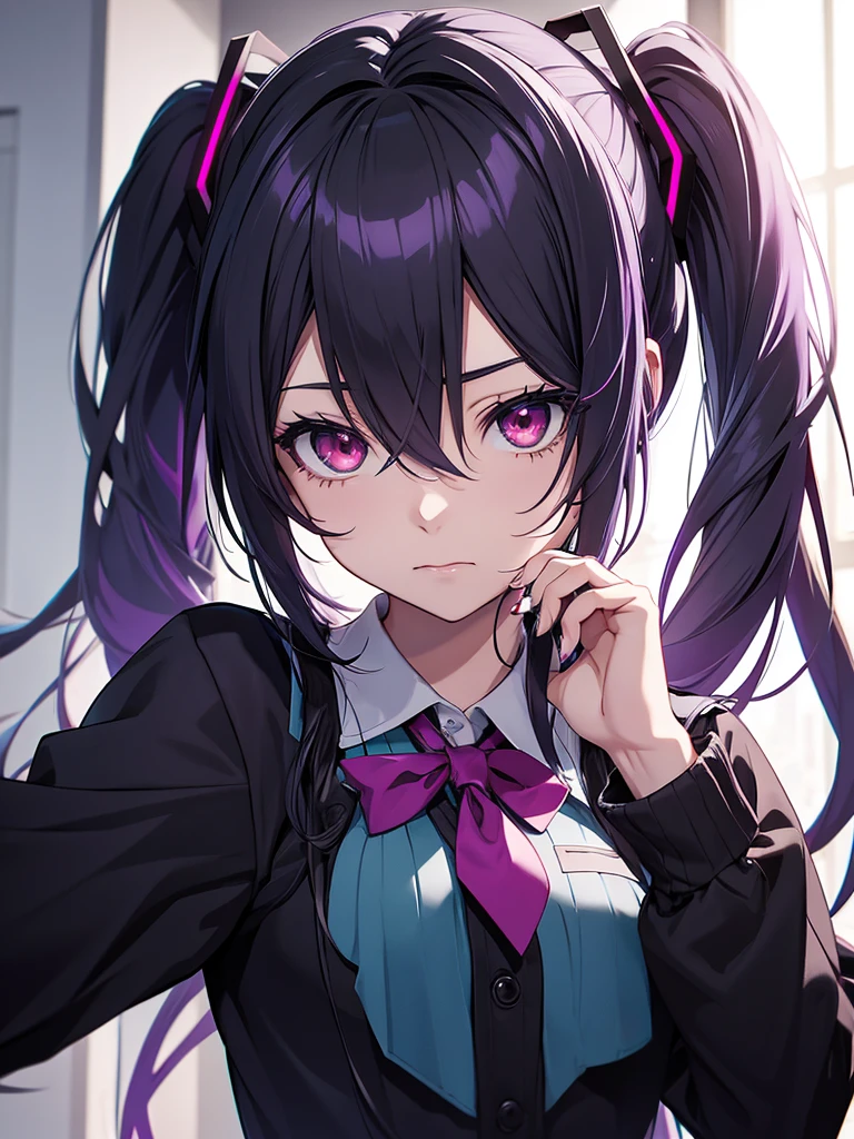 hatsune miku, emo, goth, black and purple hair, red eyes, school wear