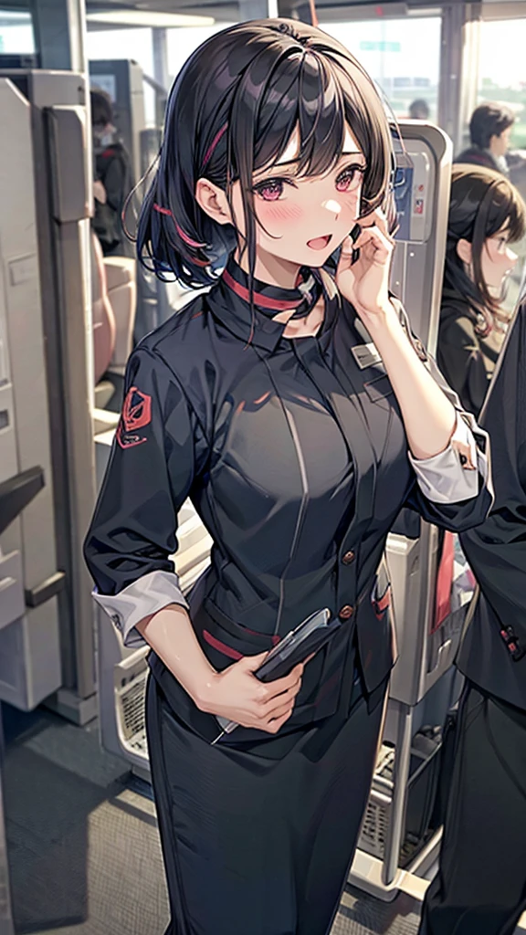 40years old,Ahegao:1.5,orgasm:1.5,double piece,dildo_Under_Cloth,Fullbody,panty drop,A photo of an airport staff member wearing a uniform, standing in a modern airport terminal, with a professional and friendly demeanor.