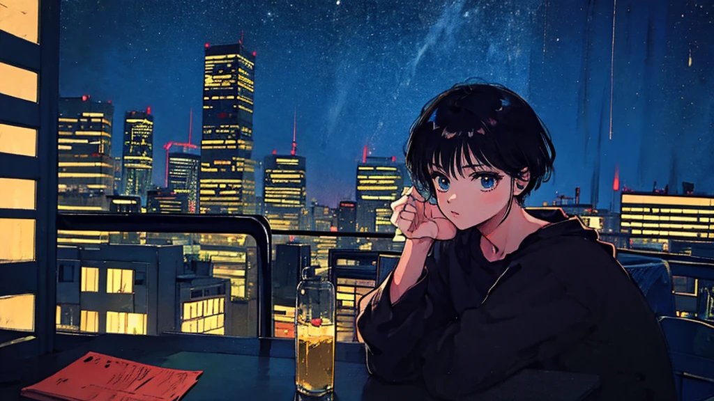 Black short Hair, Black Clothing, One Adult Woman Looking Sideways , City of night, Delicate background、Masterpiece、Night Town、night、dark、Nostalgic、City、ジャズ