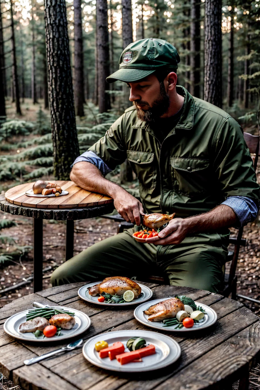 In the forest,A man wearing old-fashioned &References;Aviation cap&References;，Wear outdoor clothing，Sitting at the table, Looking far away, thoughtfully,chicken, fish, There are several plates of vegetables on the table.,HD style,Beautiful light,500px style