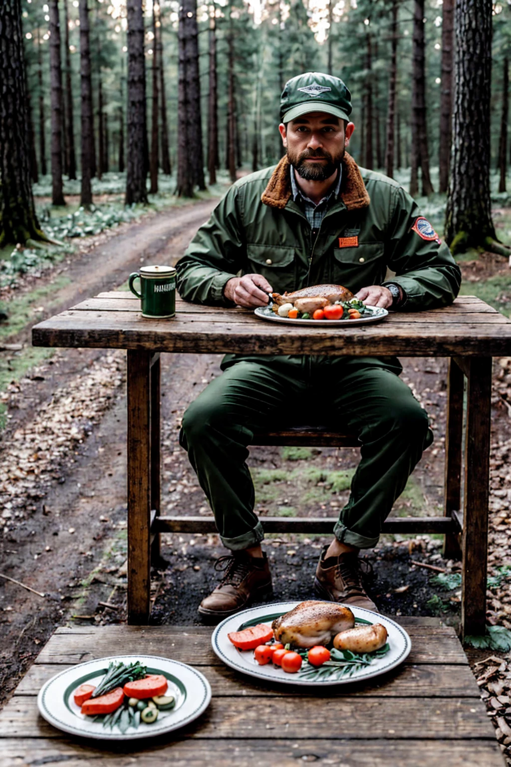 In the forest,A man wearing old-fashioned &References;Aviation cap&References;,Wear outdoor clothing,Sitting at the table, Looking far away, thoughtfully,chicken, fish, There are several plates of vegetables on the table.,HD style,Beautiful light,500px style