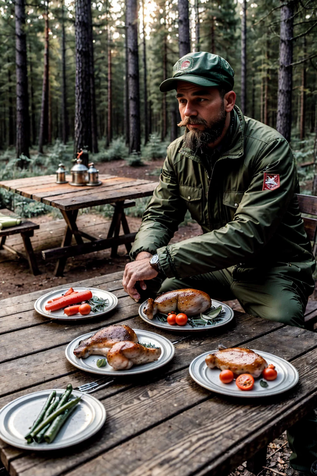 In the forest,A man wearing old-fashioned &References;Aviation cap&References;，Wear outdoor clothing，Sitting at the table, Looking far away, thoughtfully,chicken, fish, There are several plates of vegetables on the table.,HD style,Beautiful light,500px style
