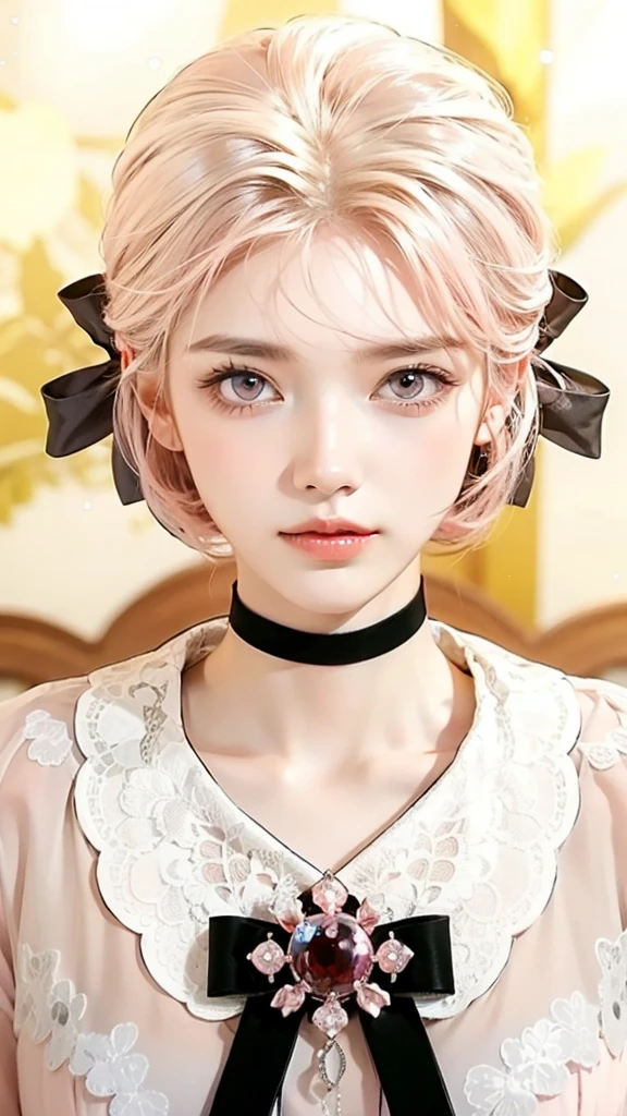 Light pink hair, pink eyes, pink and white, sakura leafs, vivid colors, white dress, paint splash, simple background, ray tracing, wavy hair