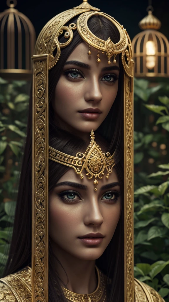a surreal garden, a golden cage, a crescent moon, beautiful detailed eyes, beautiful detailed lips, extremely detailed face and features, 1girl, cinematic lighting, dramatic colors, photorealistic, 8k, high quality, intricate details, masterpiece, digital art, surreal fantasy