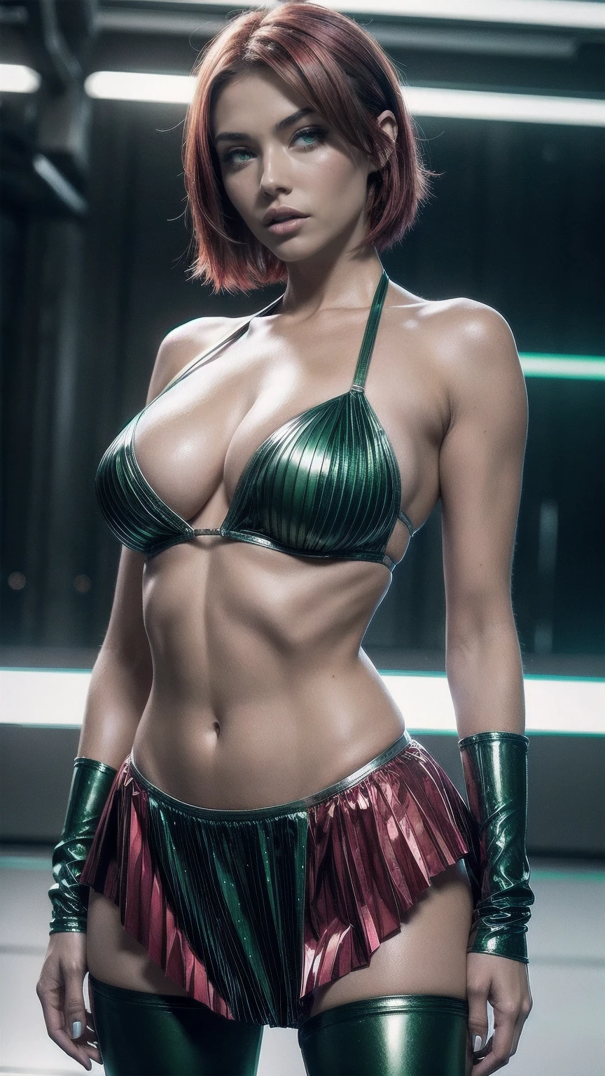 Gwen Tennyson, Rebecca Chambers, Asuka Langley, Resident Evil, ager, green eyes, short hair, orange hair, shy smile, full body, totally naked, breasts showing, crotch showing, freckles, pretty girl, wet body, stockings, big breasts, ultra detailed, realistic, sexy pose, full body, voluminous breasts showing, crotch showing