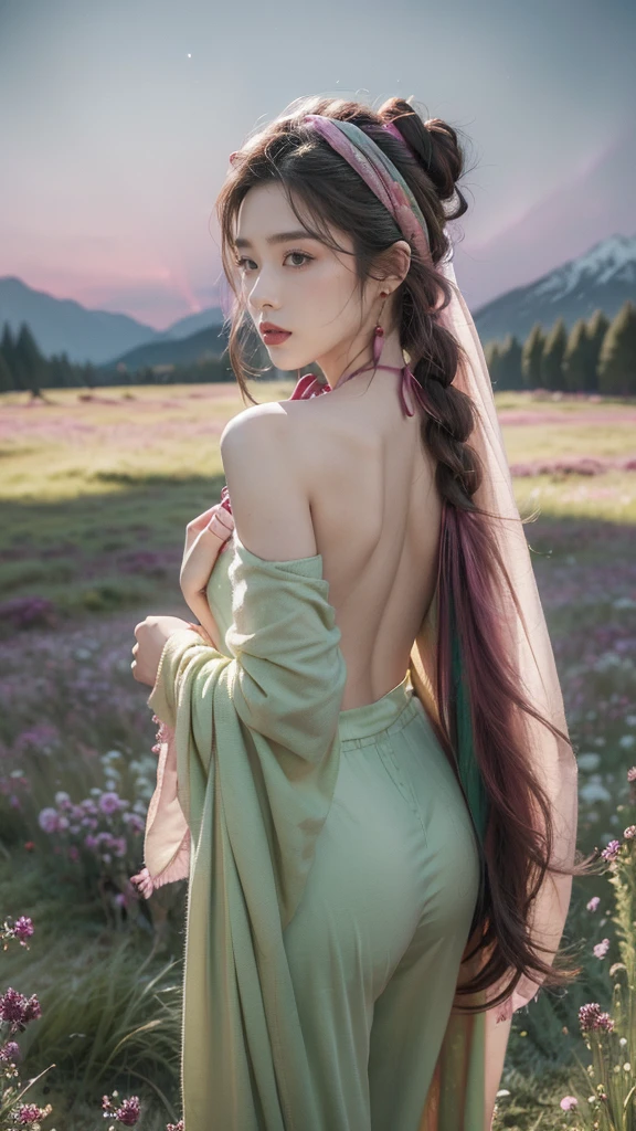 (Extremely detailed CG),(((8K))),wallpaper,((Extremely exquisite and beautiful)),(((masterpiece))),(((Best quality))),(((Ultra-high resolution))),Beautiful light,Realistic shadows,(Smooth and flawless fair skin:1.5),(Extremely delicate facial details:1.2),(Extremely detailed:1.5),((Beautiful Uighur girl,Solitary)),(Pink headscarf:1.3),(Short braids:1.2),(Small head:1.2),(Thin face:1.2),(Exquisite makeup:1.3),(Happy:1.2),(lol:1.2),(Jasmark on the face:1.3),(Perfect body:1.1),(Long magenta robe:1.3),(Small Breasts:1.2),(flat chest:1.2),(Pants:1.3),((Slim,Thin)),(From the front:1.3),(permanent:1.3),(Put your hands behind your back:1.2),(On the green meadow with blooming flowers:1.5),(Many colors:1.5),(Cattle and Sheep:1.2),(Coniferous forest:1.2),(Snow-capped mountains in the distance:1.2),(Pink sky:1.2),(Detailed background:1.3),(outdoor:1.3),(early summer:1.3),(Night view:1.5),(Magenta Aurora:1.3),(Upper Body:1.3)