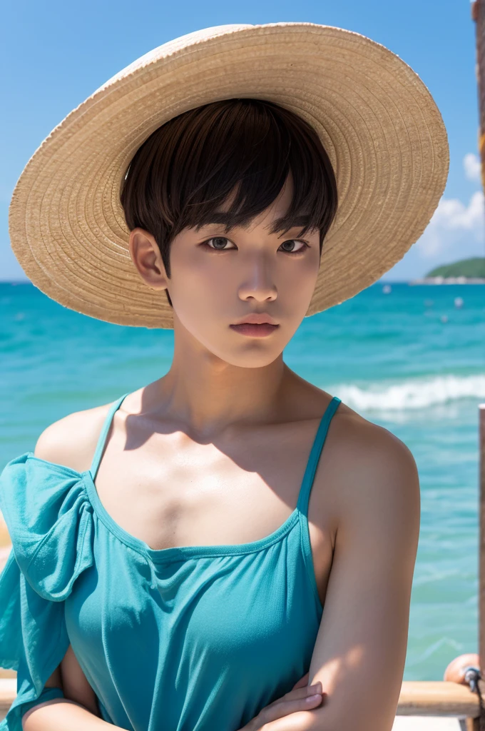 Mushroom head, handsome man, summer sea