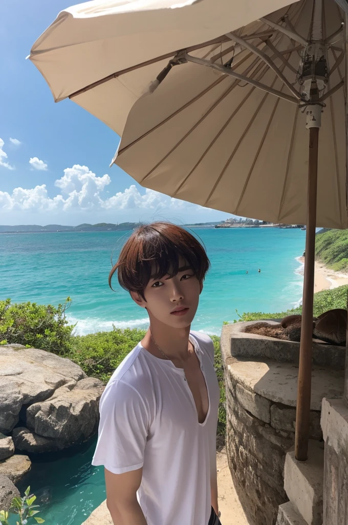 Mushroom head, handsome man, summer sea