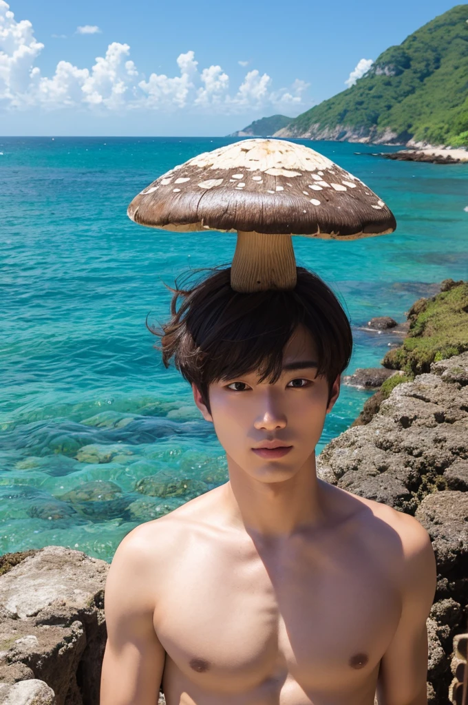 Mushroom head, handsome man, summer sea