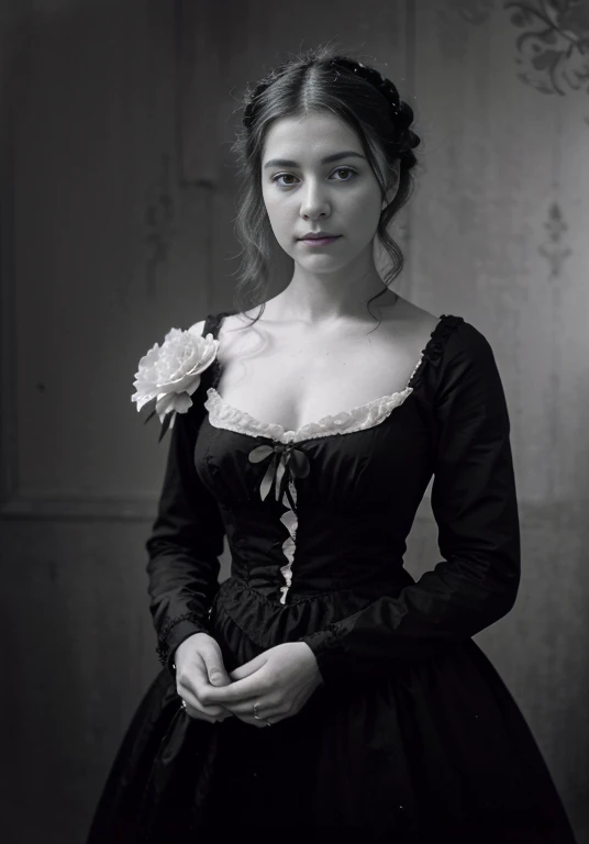 There is a woman with a bouquet of flowers in her hand., a beautiful victorian woman, Beautiful lady, Grayscale 1 9 0 0 s image, 1 0 s photography, Retro black and white photo 1910, victorian photo, a beautiful young woman, Art Nouveau Retrato, Old black and white photo, victorian female portrait, victorian lady