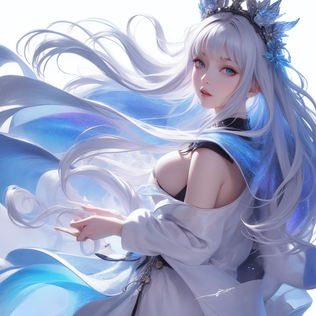 ((masterpiece)), (((best quality))), ((Super detailed)), ((illustration)),[Realistic lighting effects],shadow,(Fantasy style),(White background:1.6), Simple background, (earth theme),(A cape)[(hair focus,((1 Girl)),[(Big slime hair): (Cloud):0.3], (hair on background),(High Saturation),(The hair is surrounded by galactic splashes),)):((Her hair turned into a galactic cloud,:1.27628), (Hair and clothes are galactic clouds and star clusters:1.1025),(A cape is becoming galaxy clouds)