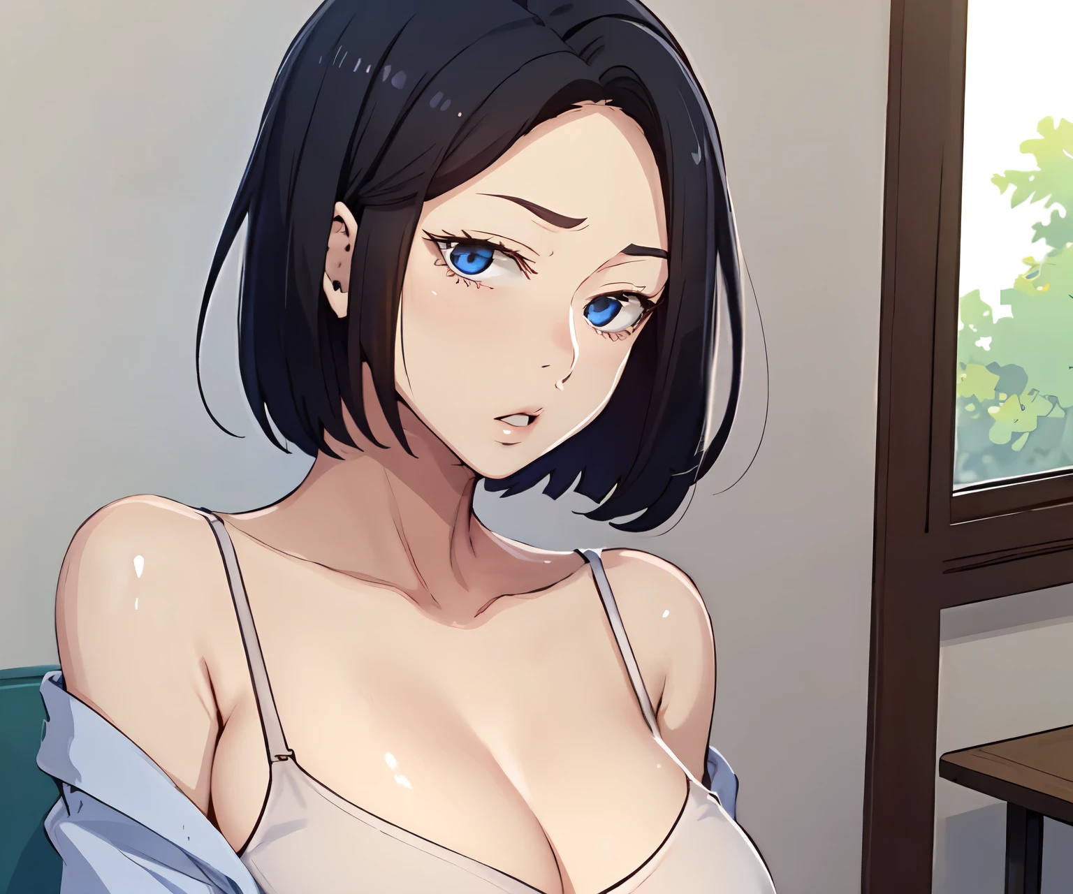 sooahdef, black hair, blue eyes, short hair
breasts,white camisole, solo, upper body, indoors, 1girl, underwear, collarbone, off shoulder, cleavage, bra, parted lips, hoodie, large breasts, looking at viewer, black bra
masterpiece, best quality