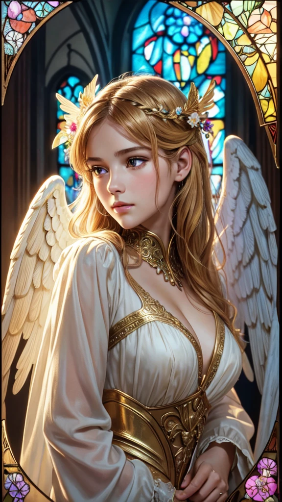 realistic,photorealistic,photo-realistic:1.37,best quality,4k,8k,highres,masterpiece:1.2,ultra-detailed,vibrant colors,stained glass,beautiful vintage angel woman,frontal face,front face,front view,gold hair,determined expression,(large open angel wings:1.1),Alphonse Mucha style,intricate floral background,warm tones,soft lighting,1girl