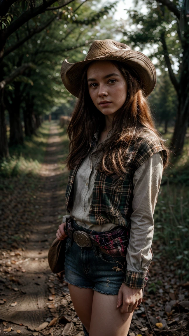 Masterpiece, Of the highest quality, Colorful cinematic lighting, peach farmer portrait photography with overflow [Orange|yellow] Hair, With fitted red plaid flannel shirt, Daisy Dukes, embellished leather cowboy boots, (wearing cowboy hat), (Perfect face:1.1), standing under a peach tree in rolling pastures, Sunset in the background, dappled light, romantic, HDR, Very detailed, Hasselblad, 8k, Hyper realistic, shot at eye level, F1.4 opening, 8mm film grain, Cinestill 800, in the background a dark and sinister forest, twisted and dead trees, dense fog covering the ground, dry and crunchy branches, lurking shadows
