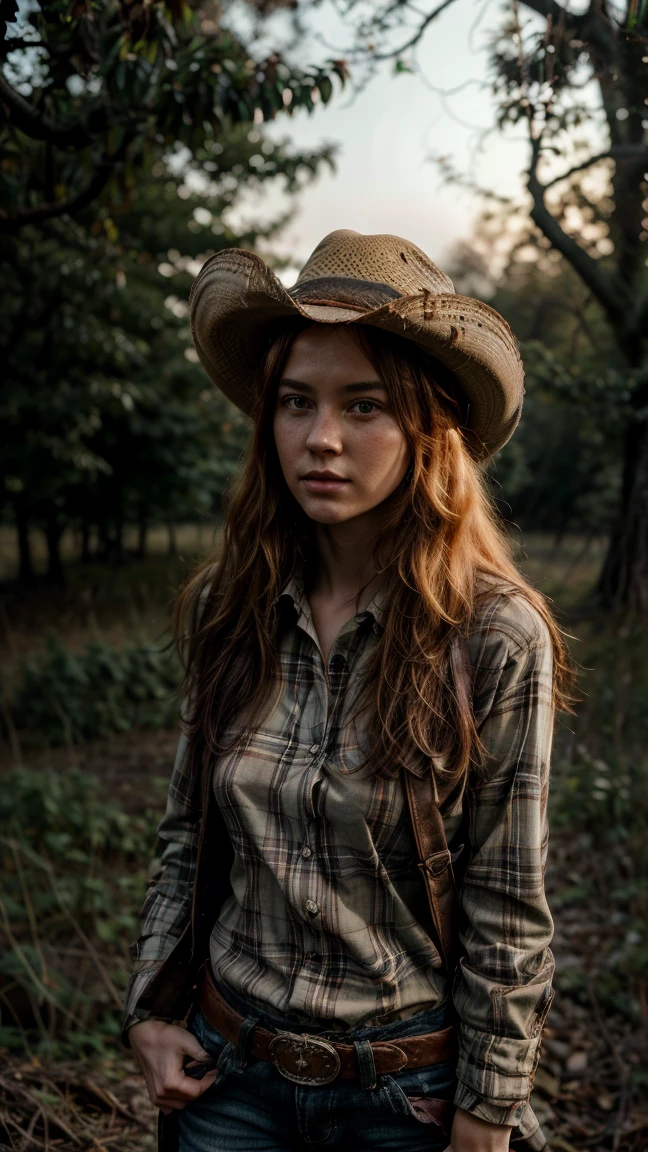 Masterpiece, Of the highest quality, Colorful cinematic lighting, peach farmer portrait photography with overflow [Orange|yellow] Hair, With fitted red plaid flannel shirt, Daisy Dukes, embellished leather cowboy boots, (wearing cowboy hat), (Perfect face:1.1), standing under a peach tree in rolling pastures, Sunset in the background, dappled light, romantic, HDR, Very detailed, Hasselblad, 8k, Hyper realistic, shot at eye level, F1.4 opening, 8mm film grain, Cinestill 800, in the background a dark and sinister forest, twisted and dead trees, dense fog covering the ground, dry and crunchy branches, lurking shadows