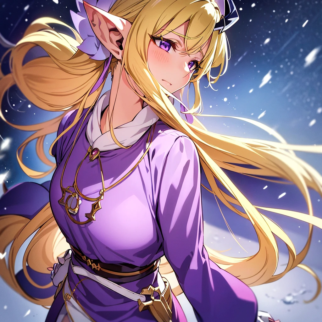 
Anime woman, Elf, pointy ears, long blonde hair, purple eyes, sassy expression, gold crown with blue pendant, winter outfit, blue coat, snow, ice