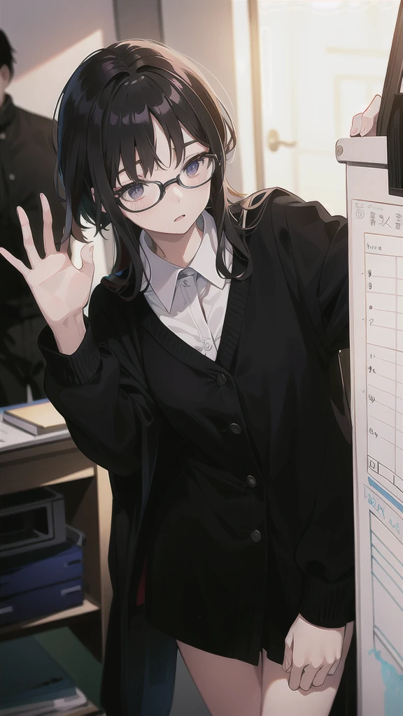 A woman with glasses stands in a room with a whiteboard., Straightforward shoot, photograph ( far _ shoot ), photograph [ far ], Straightforward portrait, Shiho, Kim Hyun Joo, gongbi, Straightforward, Li Zixin, Junki It, Nanae Kawahara, Kazue Kato, student, thinking, Makoto, People in the foreground, complicated!!