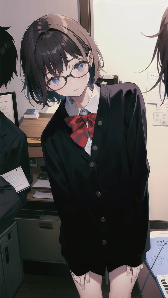A woman with glasses stands in a room with a whiteboard., Straightforward shoot, photograph ( far _ shoot ), photograph [ far ], Straightforward portrait, Shiho, Kim Hyun Joo, gongbi, Straightforward, Li Zixin, Junki It, Nanae Kawahara, Kazue Kato, student, thinking, Makoto, People in the foreground, complicated!!